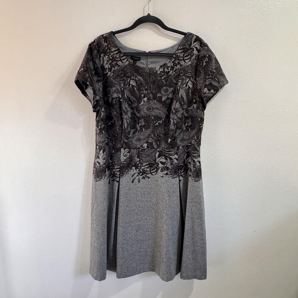 Talbots Dress 16 Wool Blend Floral Feather Gray Short Sleeve Pleated Fit & Flare